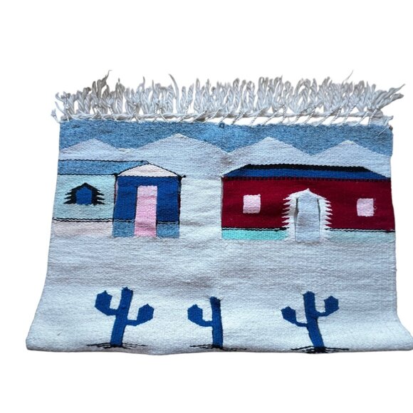 Handwoven Cotton Wool Southwestern-Style Wall Hanging Or Rug With Cactus & Villa - Picture 7 of 10